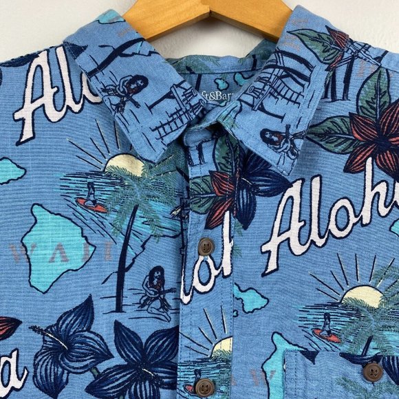 Croft & Barrow Button Up Shirt L Men Blue Short Sleeve Cotton Island Print Aloha - Picture 3 of 9